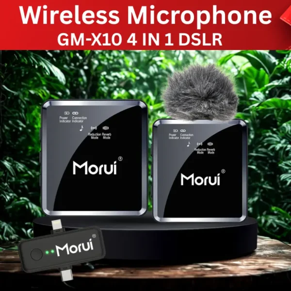 Morui GM‑X10 Wireless Microphone – 4‑in‑1 Mic with Active Noise Cancellation, 1-Year Warranty, Compatible with DSLR, Smartphones & Audio Devices